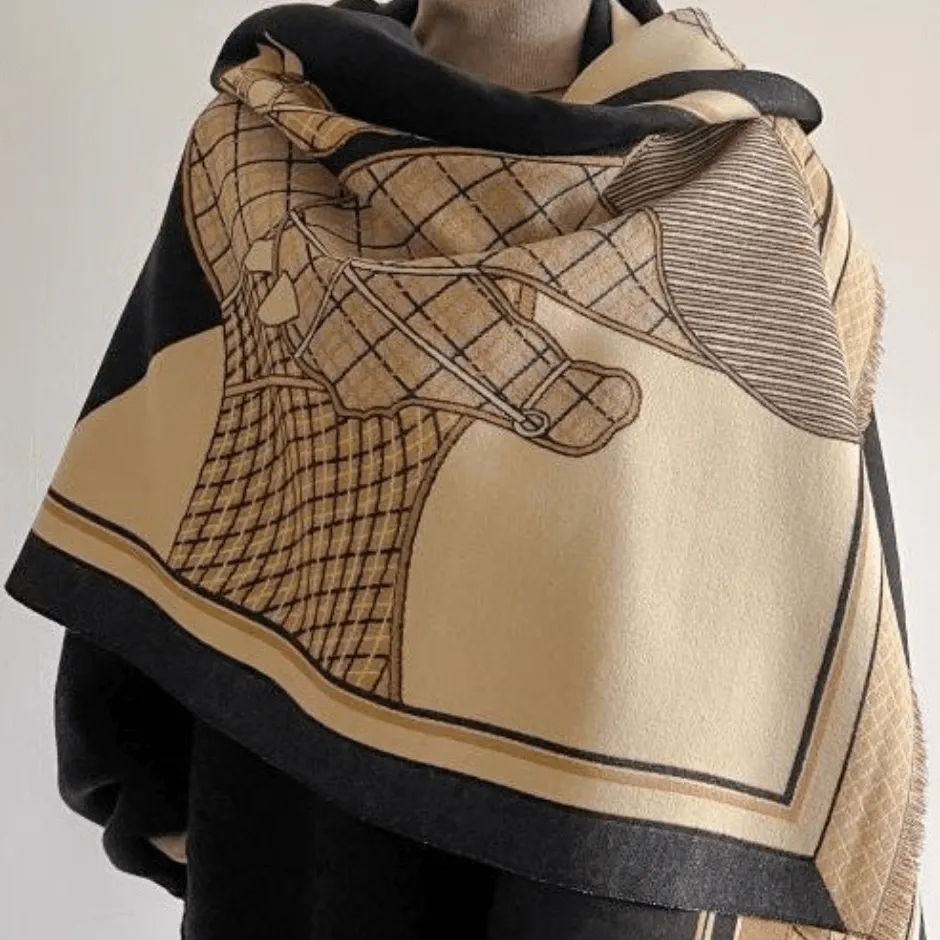 Tan and Black Reversible Wrap - Equus Plaid