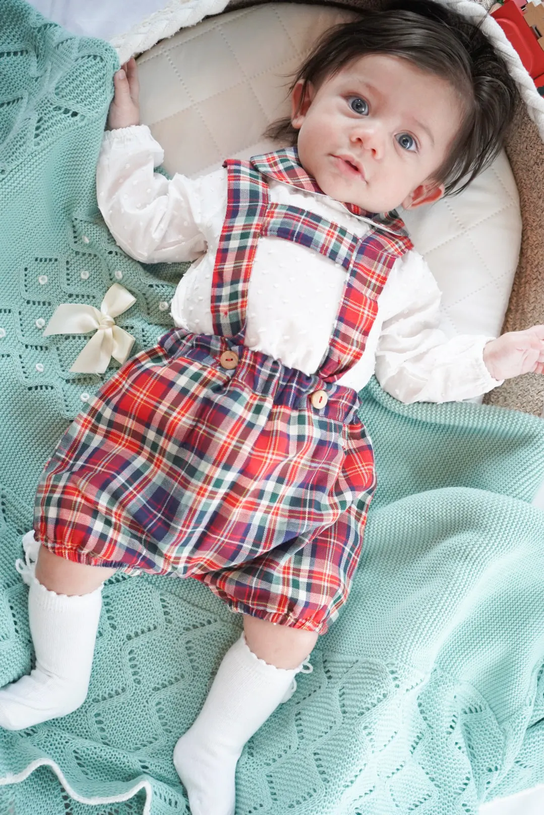 Tartan Romper With White Shirt And Red Cable Knit Cardigan