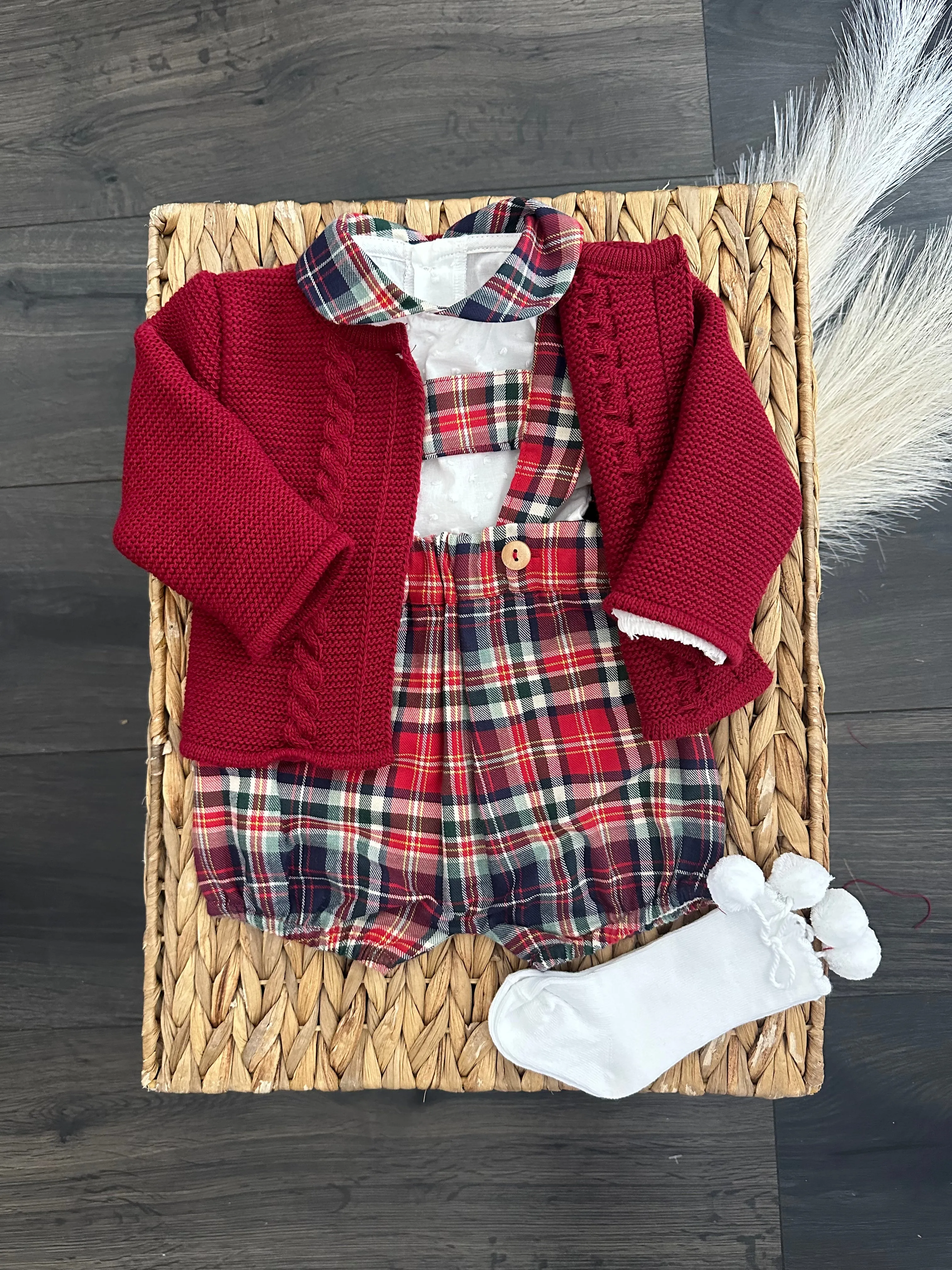 Tartan Romper With White Shirt And Red Cable Knit Cardigan