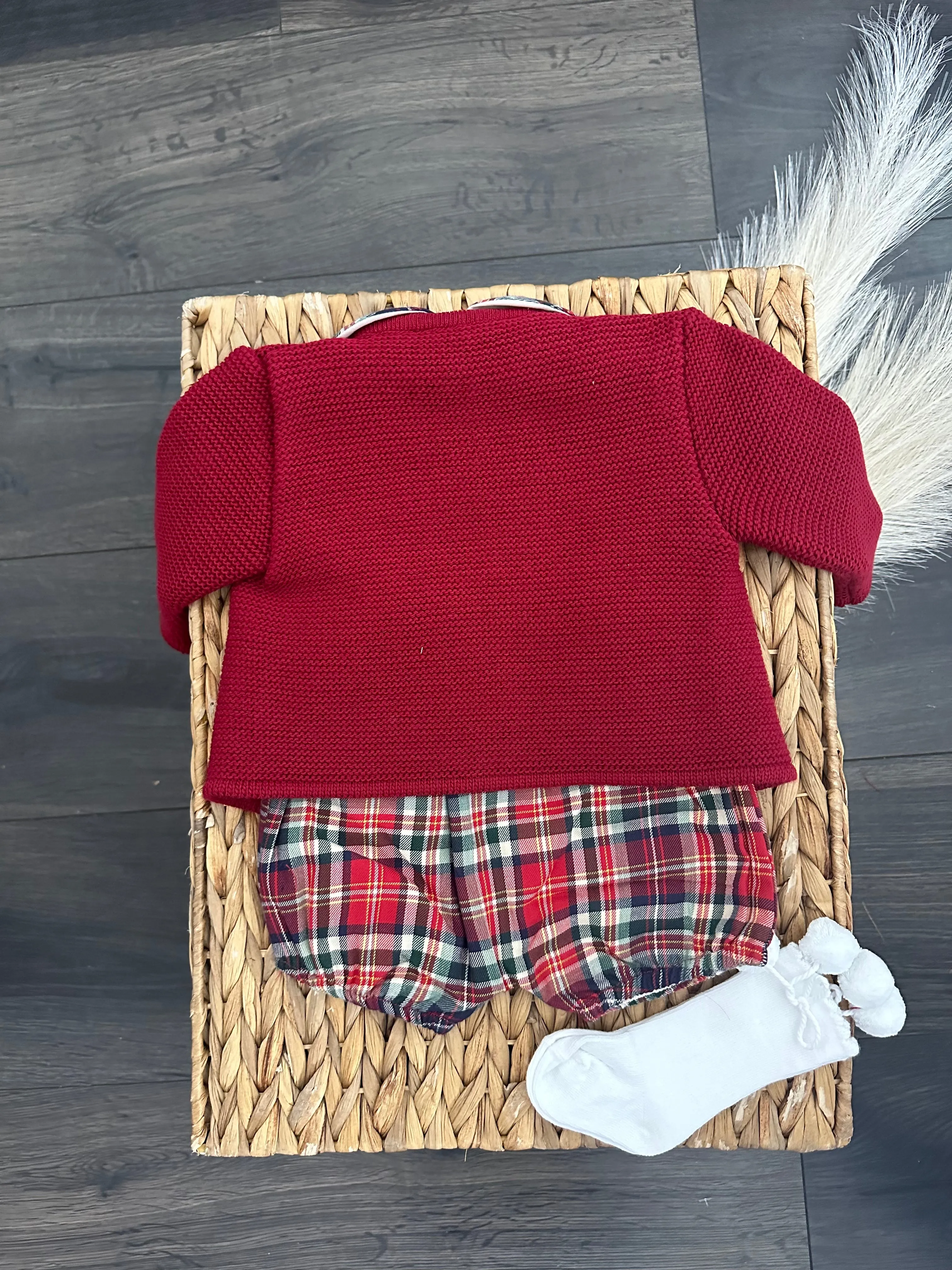 Tartan Romper With White Shirt And Red Cable Knit Cardigan