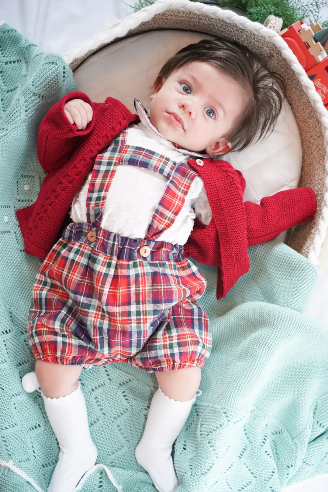 Tartan Romper With White Shirt And Red Cable Knit Cardigan