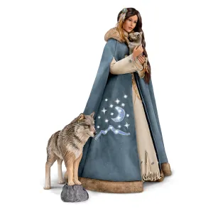 The Ashton - Drake Galleries Maiden of the Wolf Moon Portrait Doll Collector’s Edition Handcrafted & Hand Painted with Removable Light Up Cape and 2 Wolf Figures 21-inches