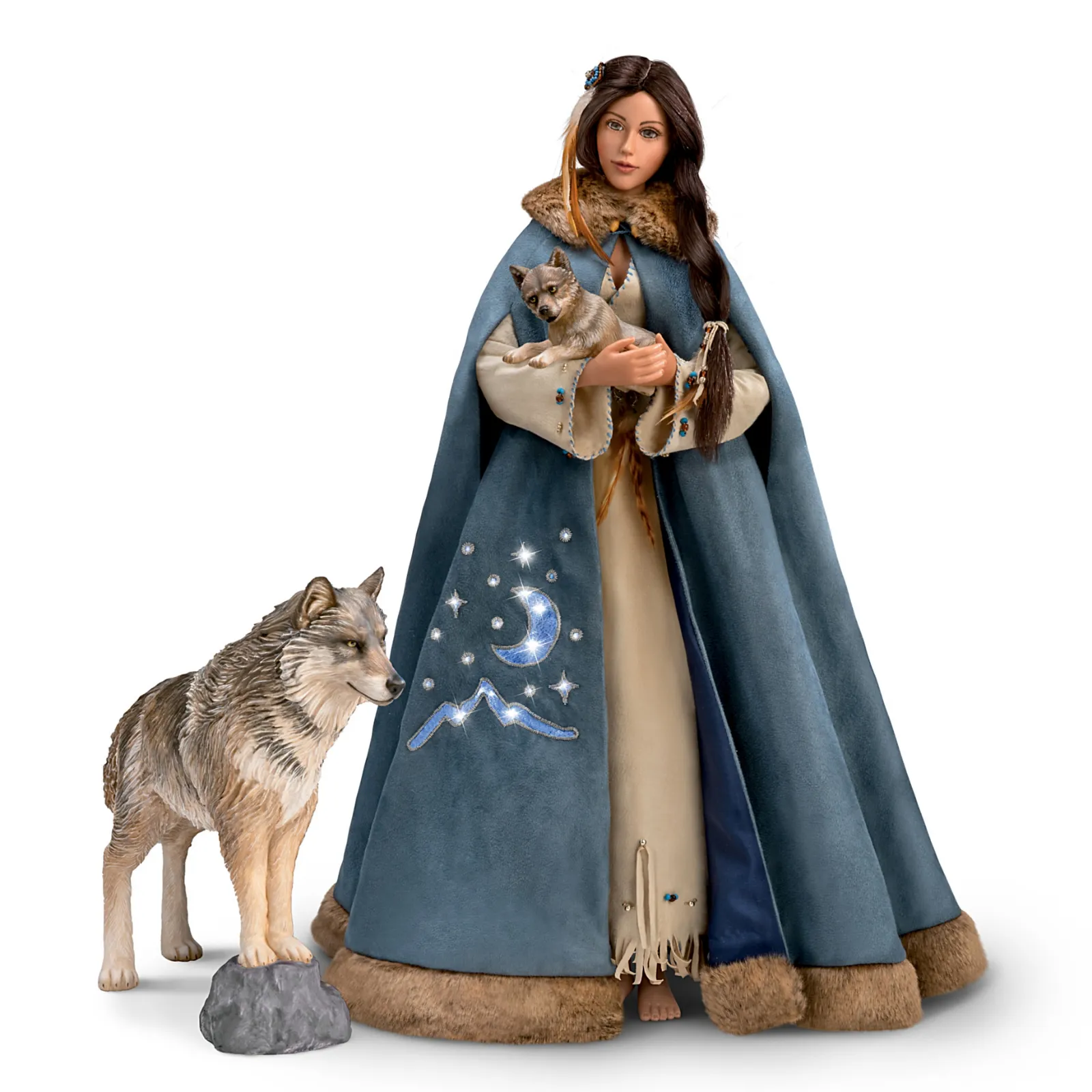 The Ashton - Drake Galleries Maiden of the Wolf Moon Portrait Doll Collector’s Edition Handcrafted & Hand Painted with Removable Light Up Cape and 2 Wolf Figures 21-inches