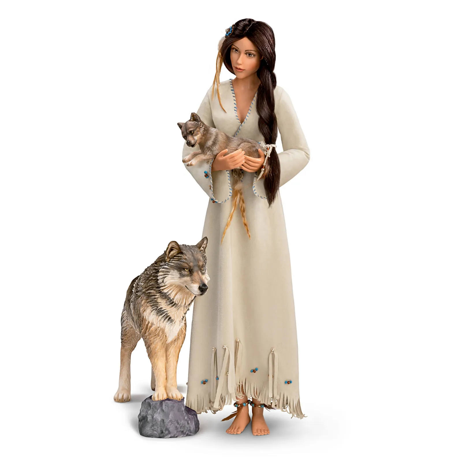 The Ashton - Drake Galleries Maiden of the Wolf Moon Portrait Doll Collector’s Edition Handcrafted & Hand Painted with Removable Light Up Cape and 2 Wolf Figures 21-inches