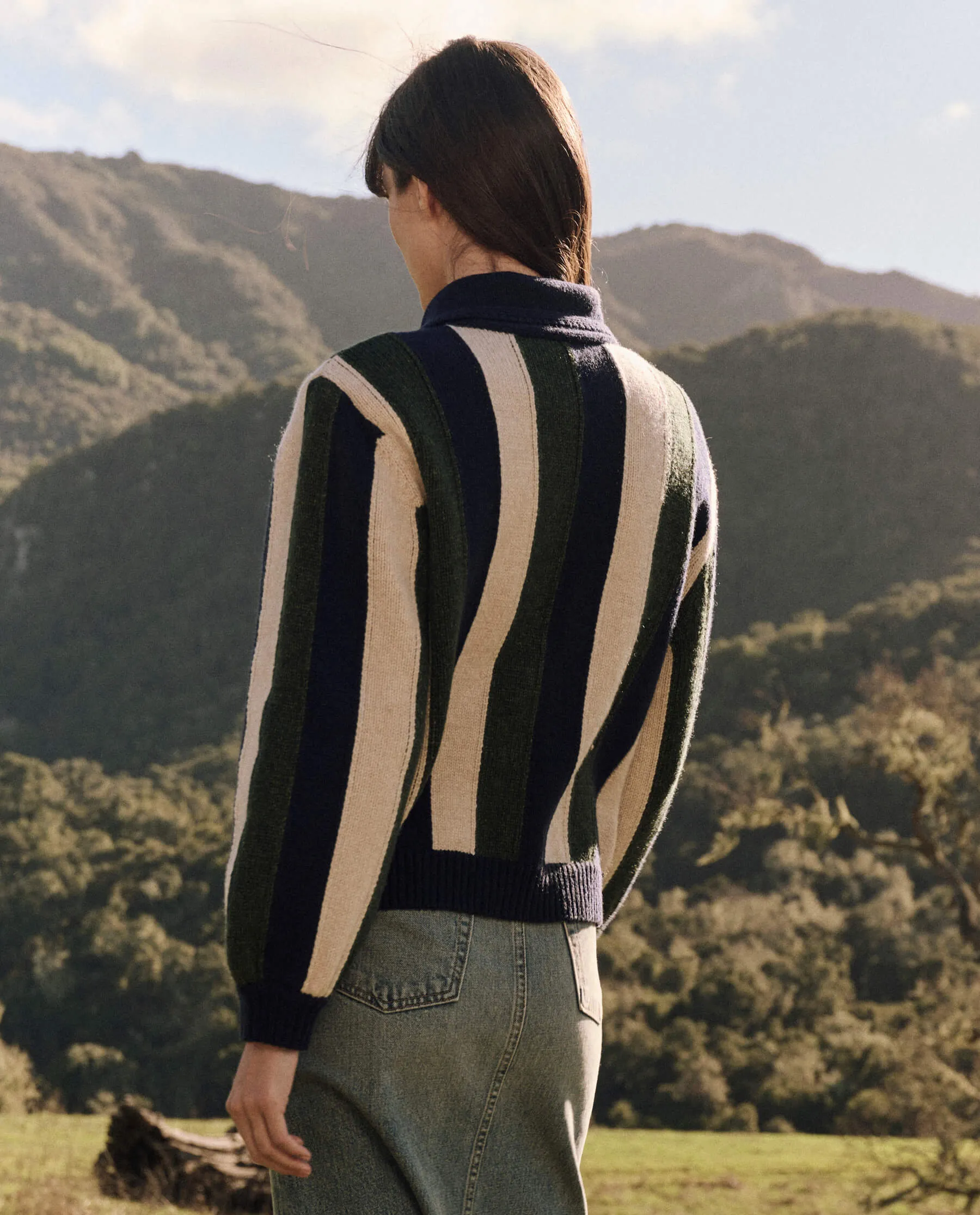 The Great Zip Front Cardigan in Olive Vine Stripe