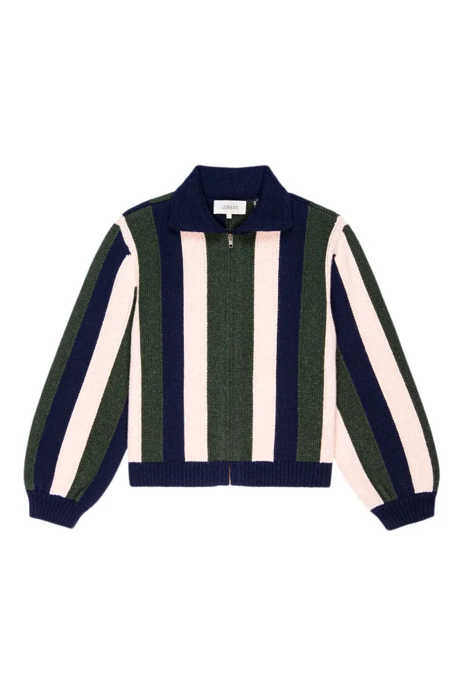 The Great Zip Front Cardigan in Olive Vine Stripe