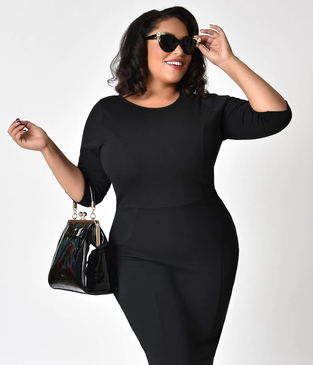 Unique Vintage Plus Size 1960s Style Black Long Sleeve Mod Wiggle Dress