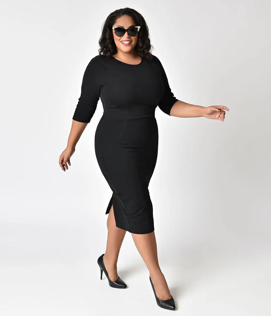 Unique Vintage Plus Size 1960s Style Black Long Sleeve Mod Wiggle Dress