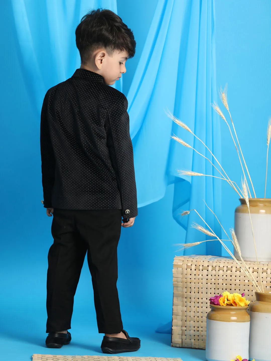 VASTRAMAY Boy's Black Polka Dot Printed Jodhpuri