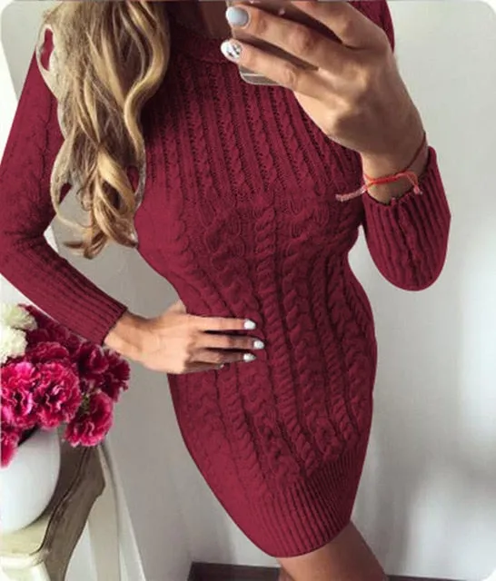 VenusFox Long Sleeve Knitted Sweater Bodycon Dress