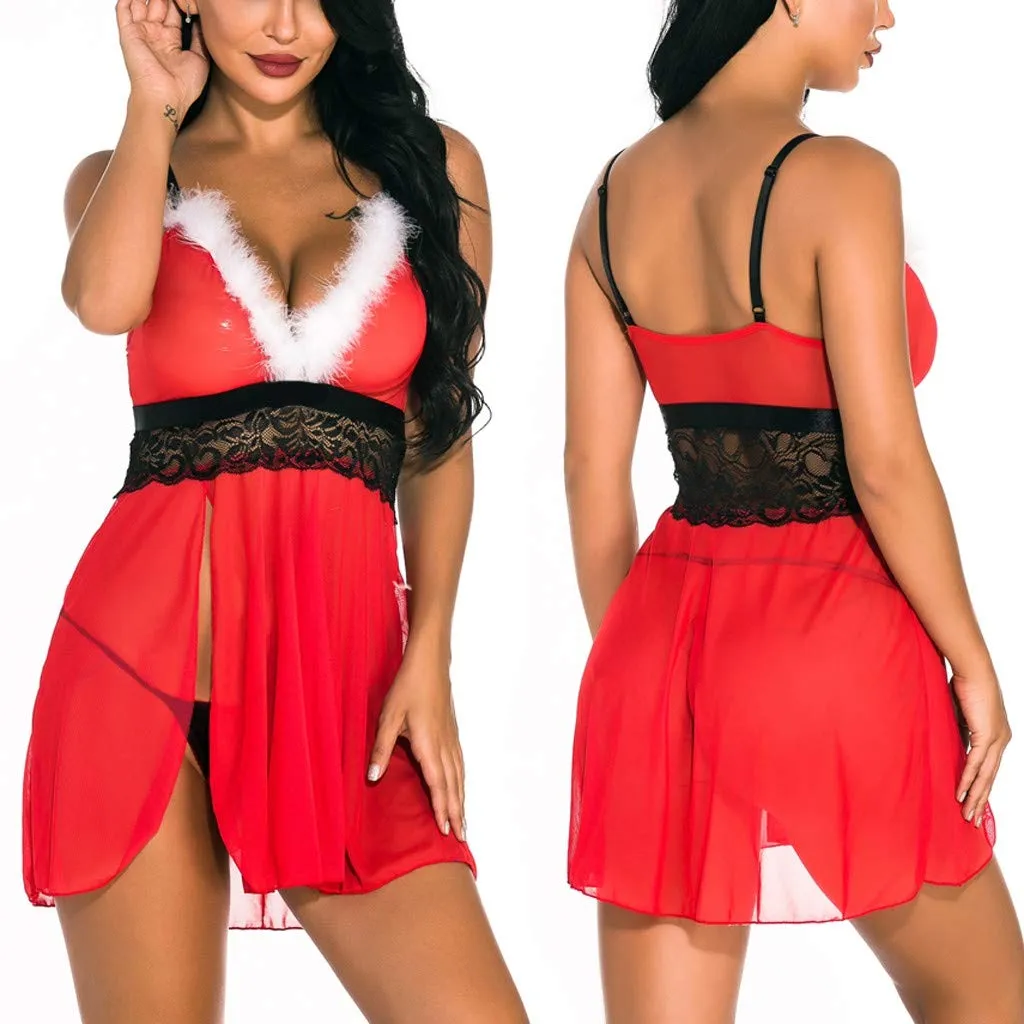 Wanshop® Women Christmas Lingerie Set 2PC Temptation Underwear Lingerie Skirt   Bra   Mini Dress Ladies Sexy Lace Soft Pajamas Set