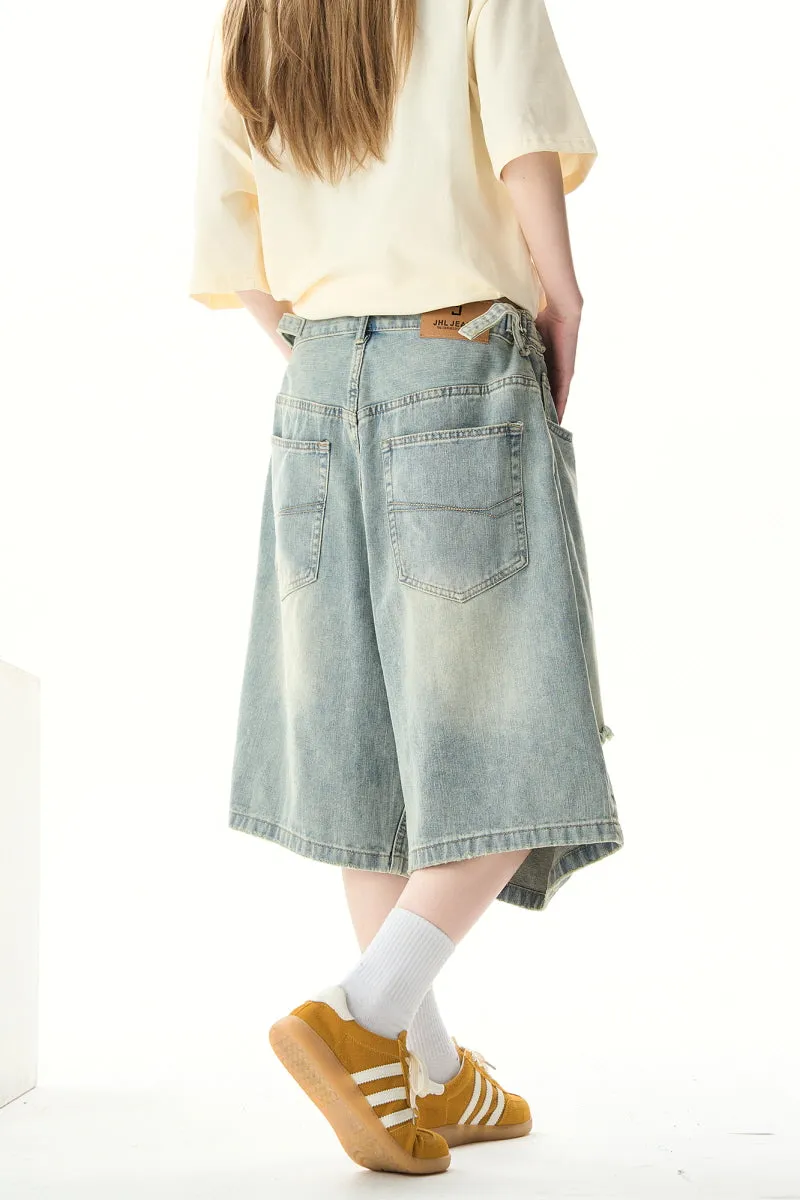 Washed Ripped Denim Shorts Distressed Loose Wide-Leg Cropped Pants