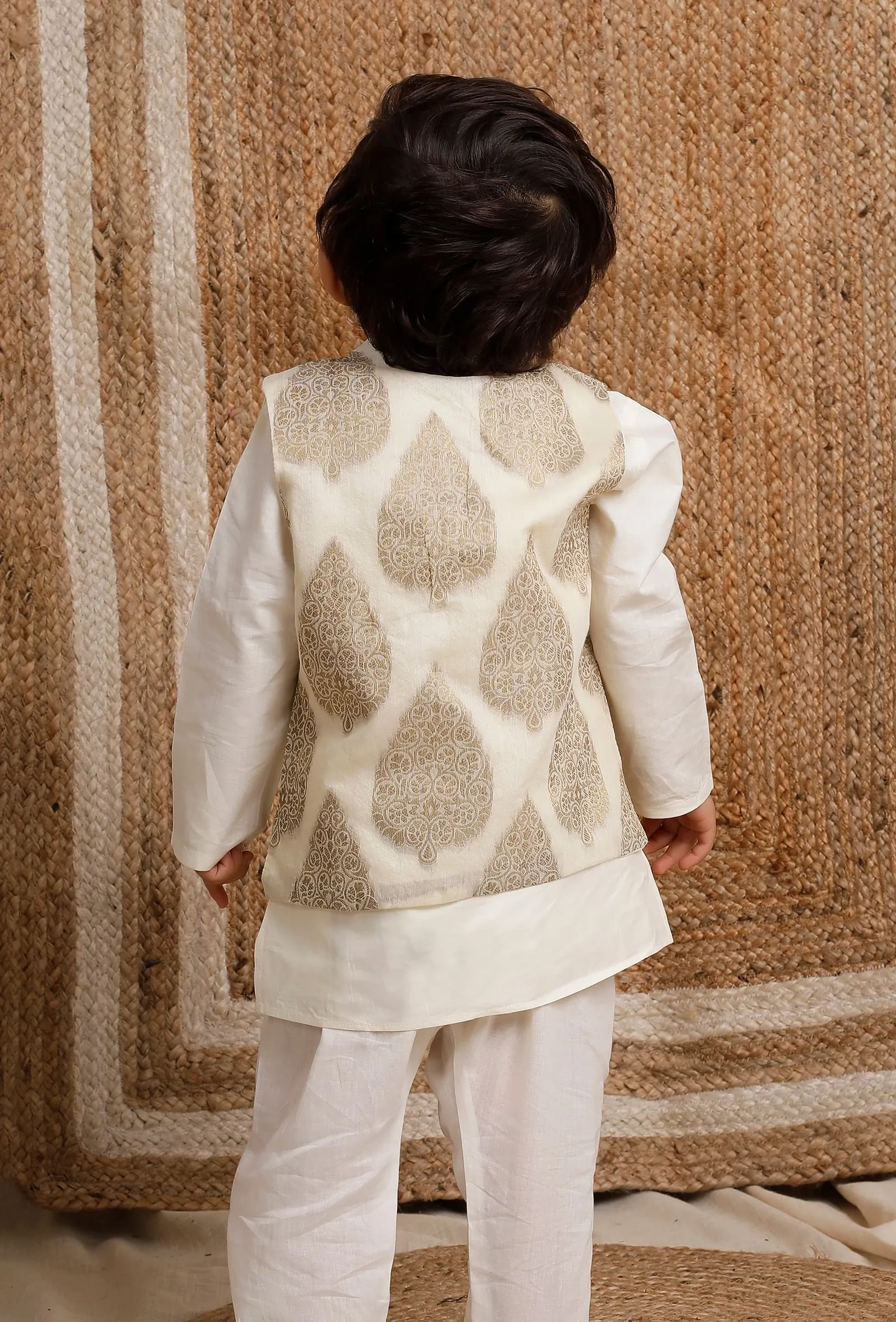 White Cream Brocade Nehru Jacket