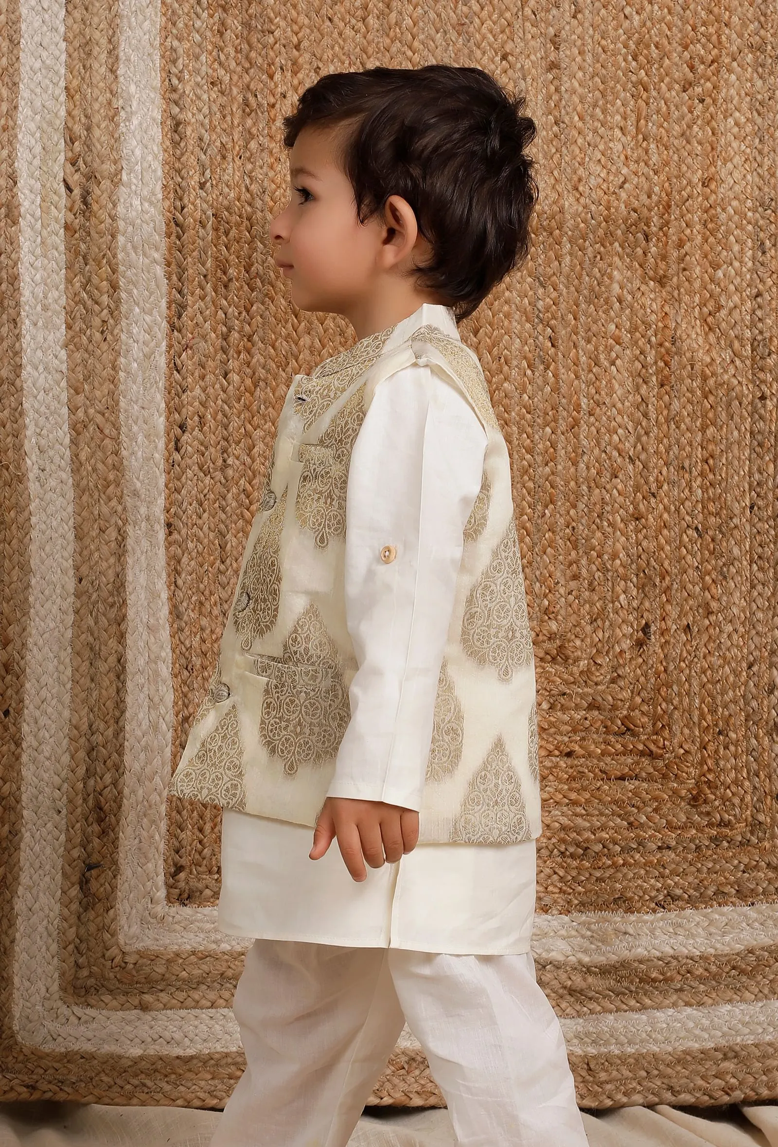 White Cream Brocade Nehru Jacket