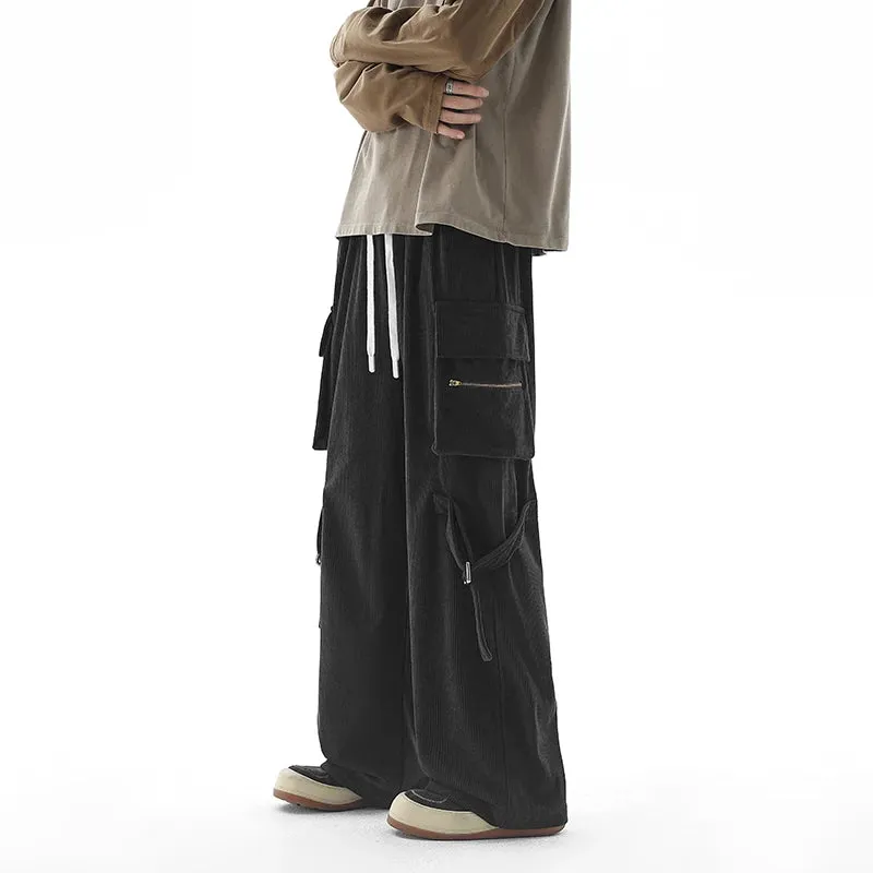 Wiaofellas  -  Oversized Corduroy Pants Drawstring Ribbons Decor Casual New Autumn Wide-leg Trousers Harajuku Streetwear Straight Pants Male