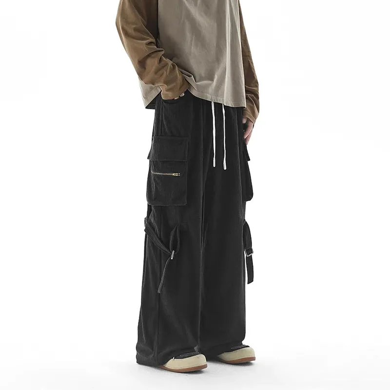 Wiaofellas  -  Oversized Corduroy Pants Drawstring Ribbons Decor Casual New Autumn Wide-leg Trousers Harajuku Streetwear Straight Pants Male