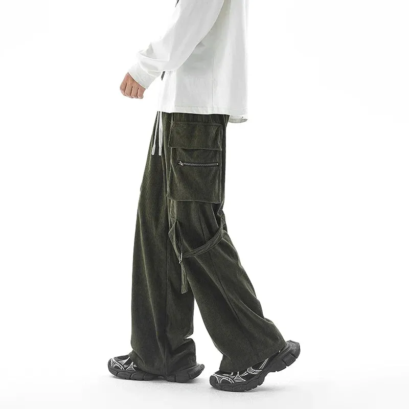 Wiaofellas  -  Oversized Corduroy Pants Drawstring Ribbons Decor Casual New Autumn Wide-leg Trousers Harajuku Streetwear Straight Pants Male