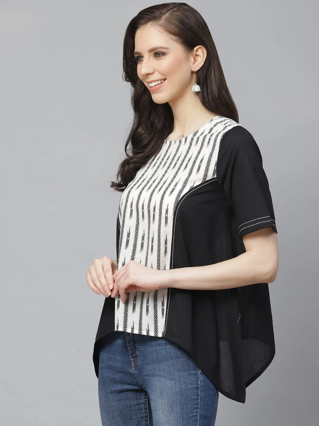 Women Black And White Front Panel High And Low Tunic