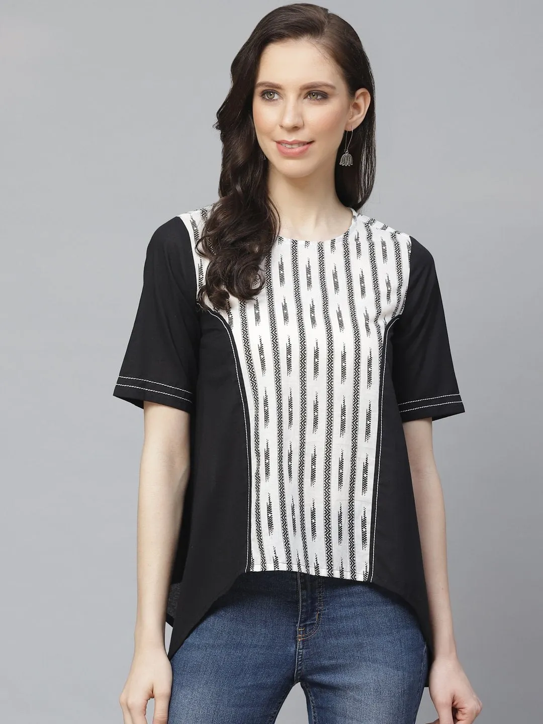 Women Black And White Front Panel High And Low Tunic