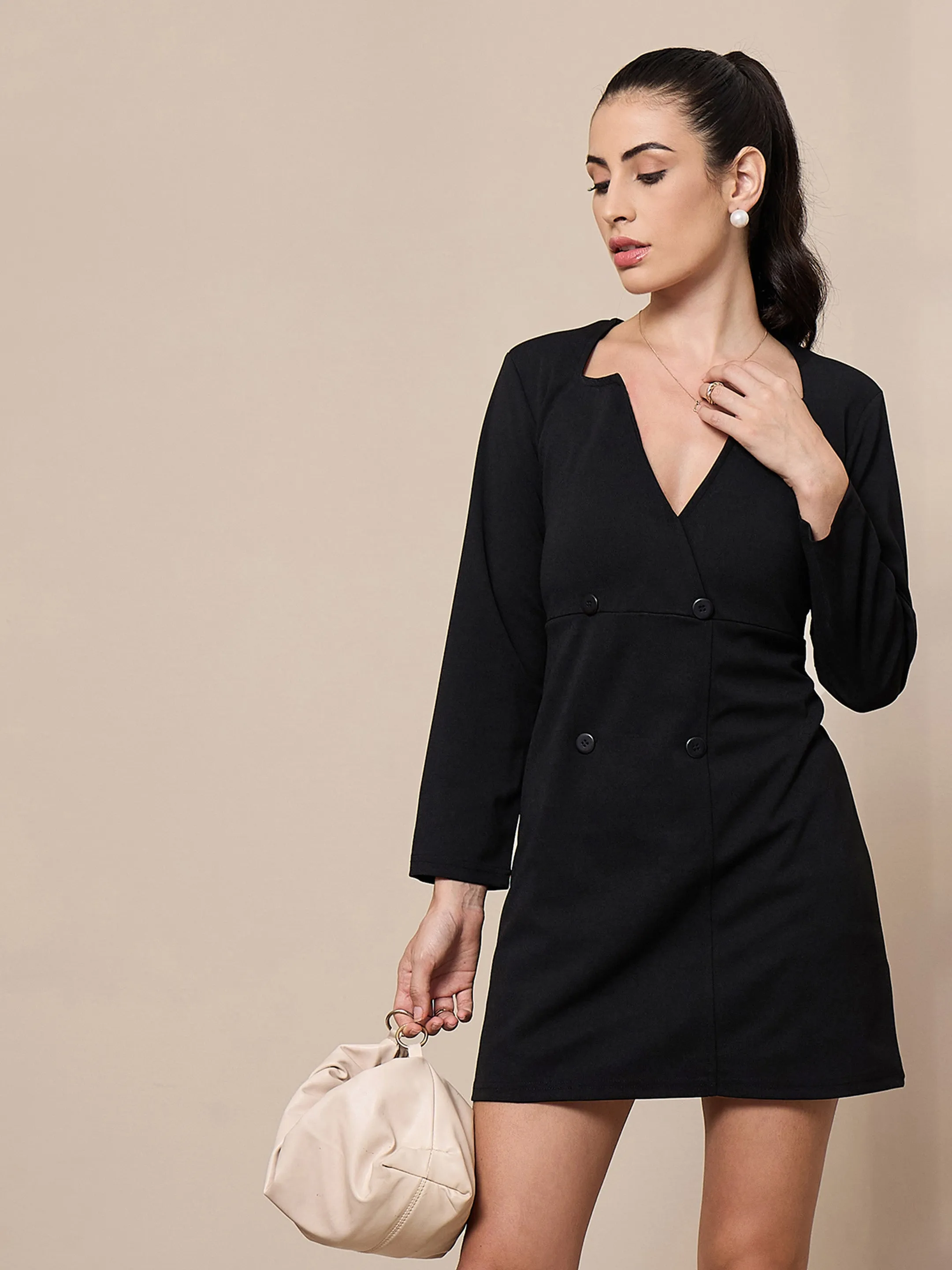 Women Black Full Sleeve Short Dress