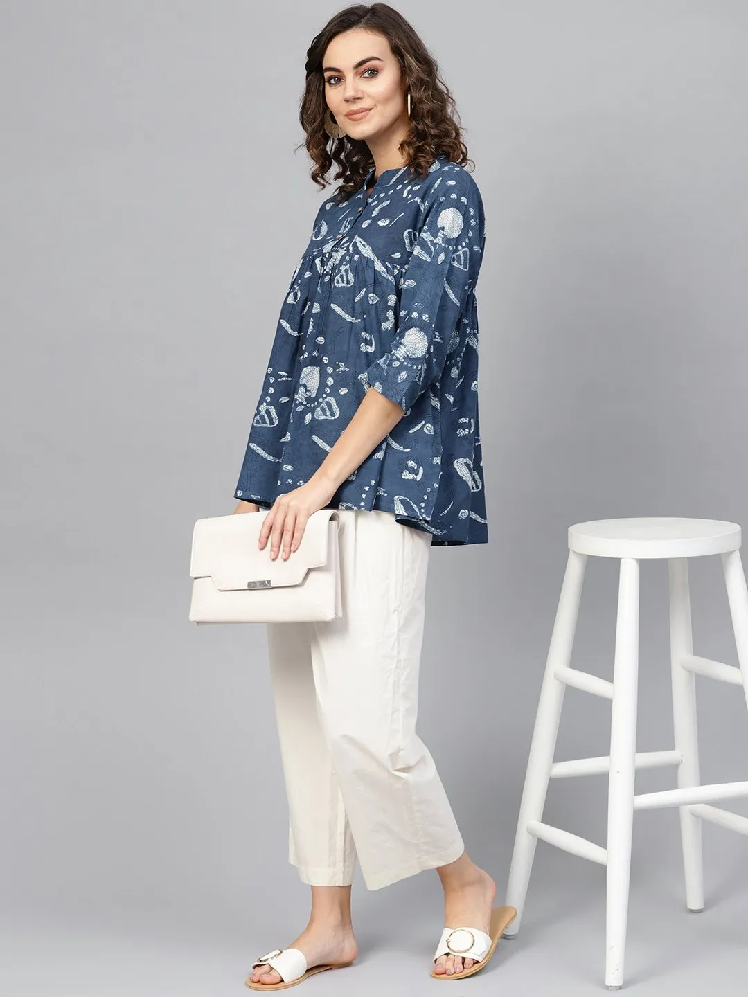 Women Blue & Off-White Printed Tunic