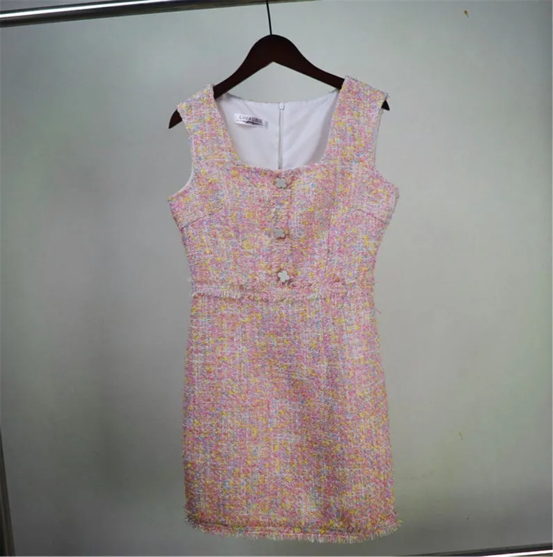 Women Custom Made Square Neck Sleeveless Tweed Sheath Dress Blue Pink