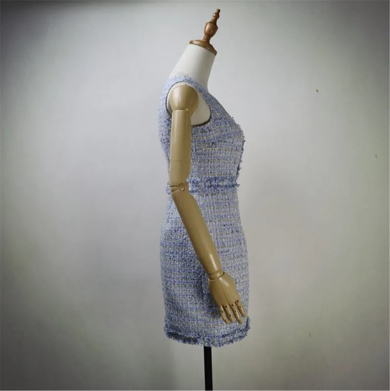 Women Custom Made Square Neck Sleeveless Tweed Sheath Dress Blue Pink