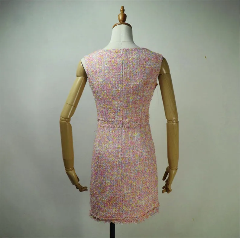 Women Custom Made Square Neck Sleeveless Tweed Sheath Dress Blue Pink