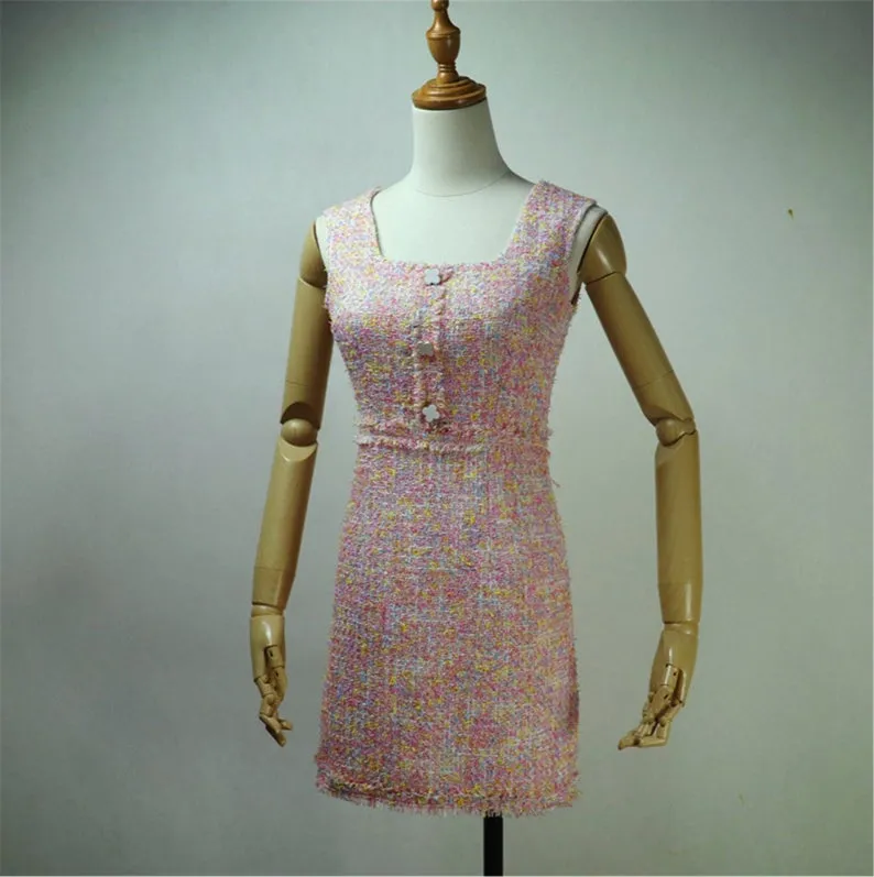 Women Custom Made Square Neck Sleeveless Tweed Sheath Dress Blue Pink