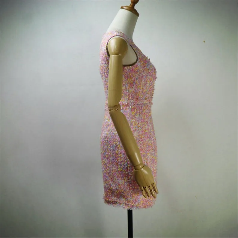 Women Custom Made Square Neck Sleeveless Tweed Sheath Dress Blue Pink