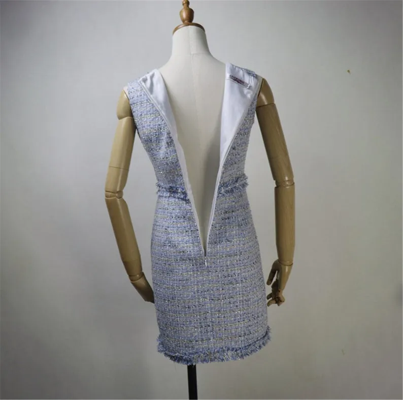 Women Custom Made Square Neck Sleeveless Tweed Sheath Dress Blue Pink