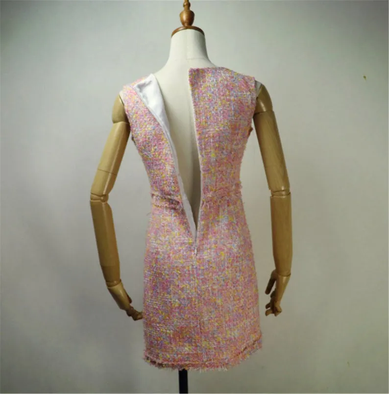 Women Custom Made Square Neck Sleeveless Tweed Sheath Dress Pink