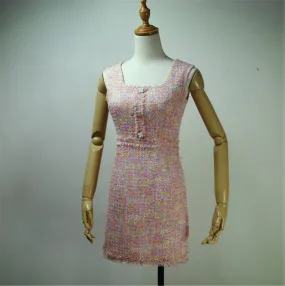 Women Custom Made Square Neck Sleeveless Tweed Sheath Dress Pink