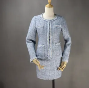 Women's Custom Made Tassel Light Blue Tweed Blazer   Skirt Suit