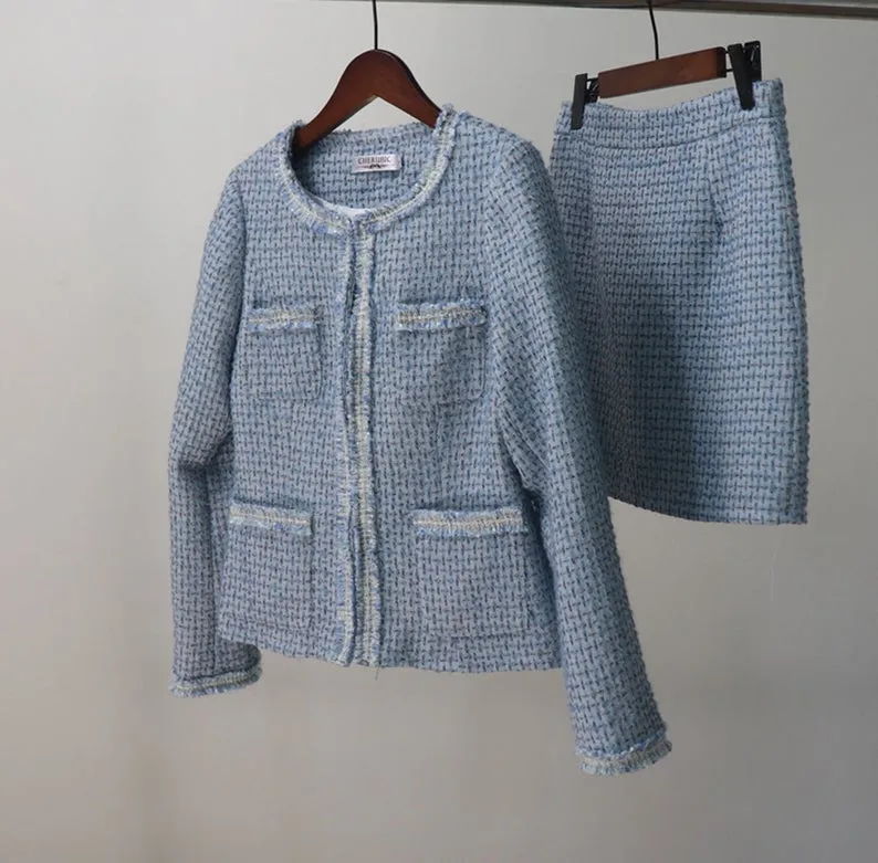 Women's Custom Made Tassel Light Blue Tweed Blazer   Skirt Suit