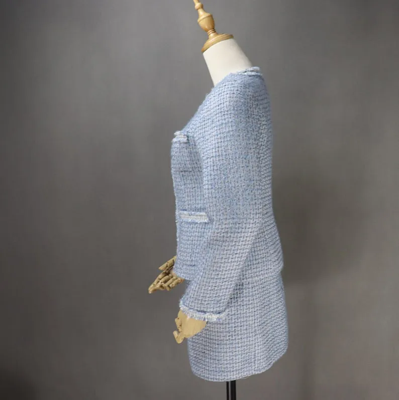 Women's Custom Made Tassel Light Blue Tweed Blazer   Skirt Suit