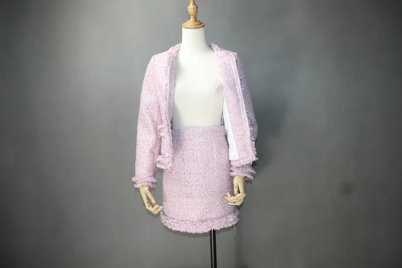 Women's Designer Inspired Big Pockets Custom Made Tassel Tweed Skirt Suit Pink