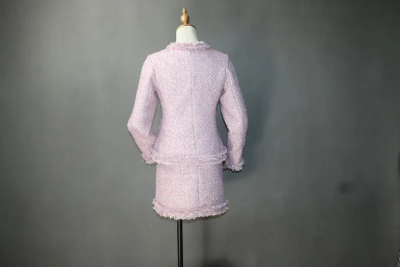 Women's Designer Inspired Big Pockets Custom Made Tassel Tweed Skirt Suit Pink