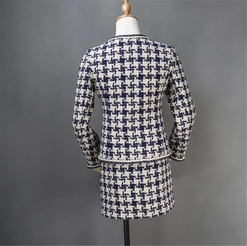 Womens Designer Inspired Custom Made Hounds tooth Pattern Tweed Skirt Suit