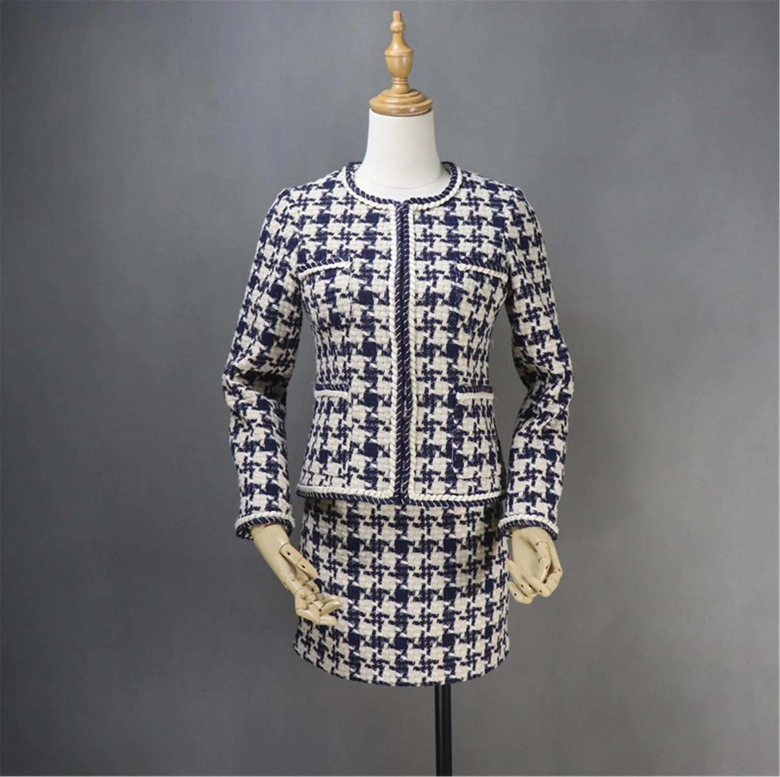 Womens Designer Inspired Custom Made Hounds tooth Pattern Tweed Skirt Suit