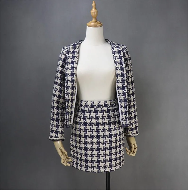 Womens Designer Inspired Custom Made Hounds tooth Pattern Tweed Skirt Suit