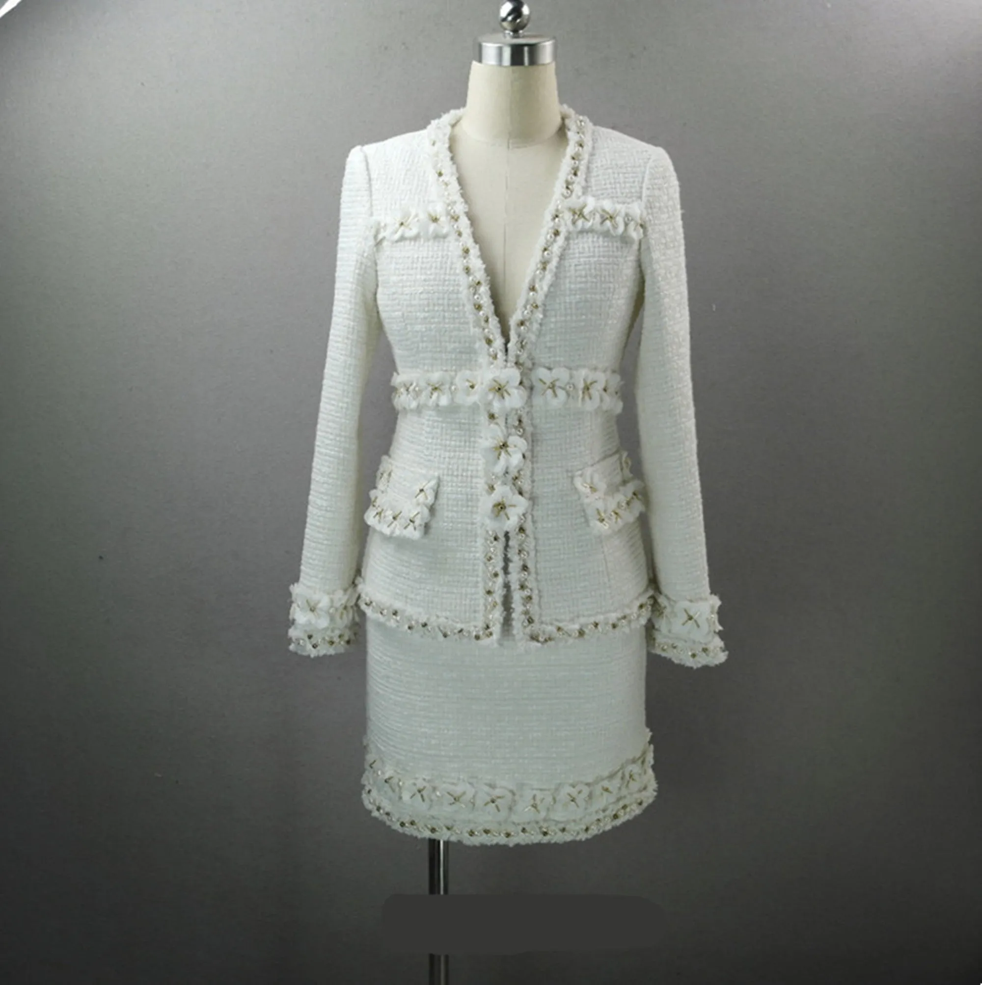 Womens Designer Inspired CUSTOM MADE Pearl Beads Flowers Coat Blazer  Skirts Suit Formal/ Business