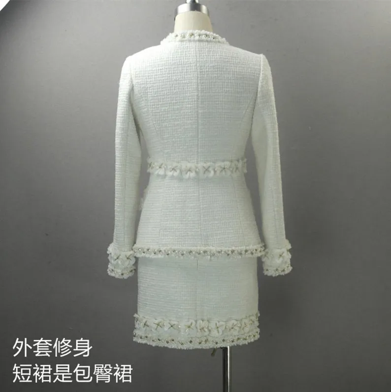 Womens Designer Inspired CUSTOM MADE Pearl Beads Flowers Coat Blazer  Skirts Suit Formal/ Business