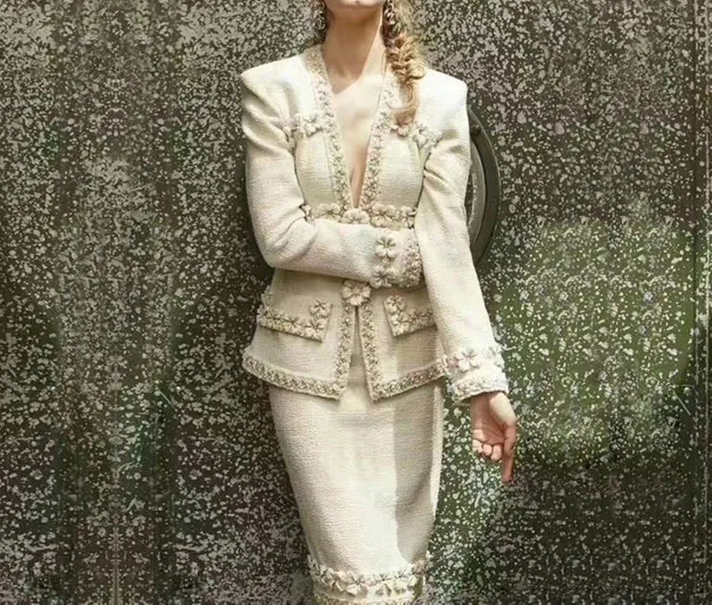 Womens Designer Inspired CUSTOM MADE Pearl Beads Flowers Coat Blazer  Skirts Suit Formal/ Business