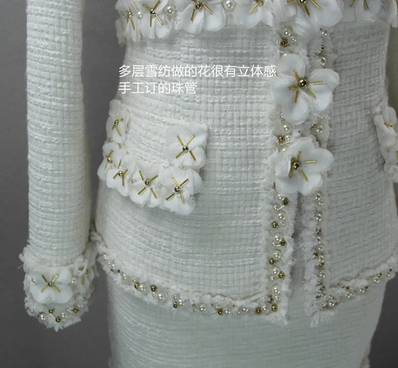 Womens Designer Inspired CUSTOM MADE Pearl Beads Flowers Coat Blazer  Skirts Suit Formal/ Business