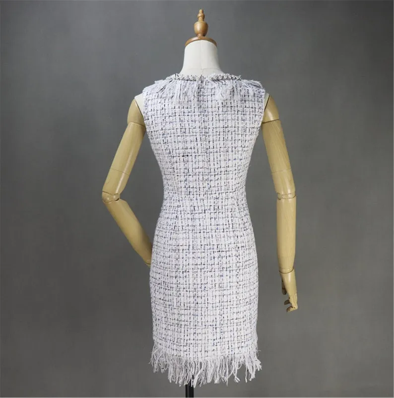 Women's Designer Inspired Custom Made Pearls Decoration Tassel Fringe Tweed Sheath Dress