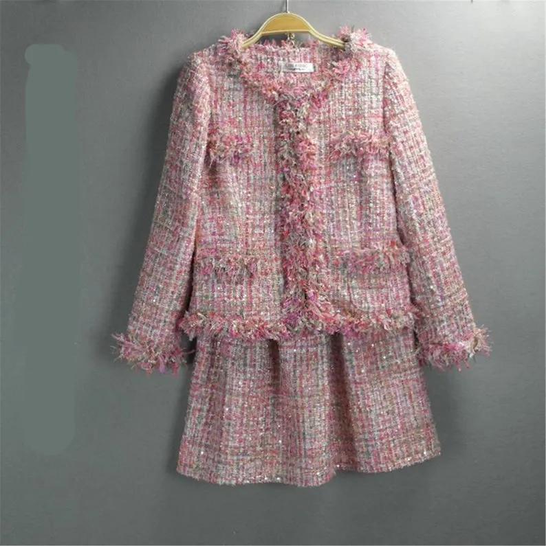 Women's Hand Made Tweed Jacket Coat Blazer   Skater Skirt Pink