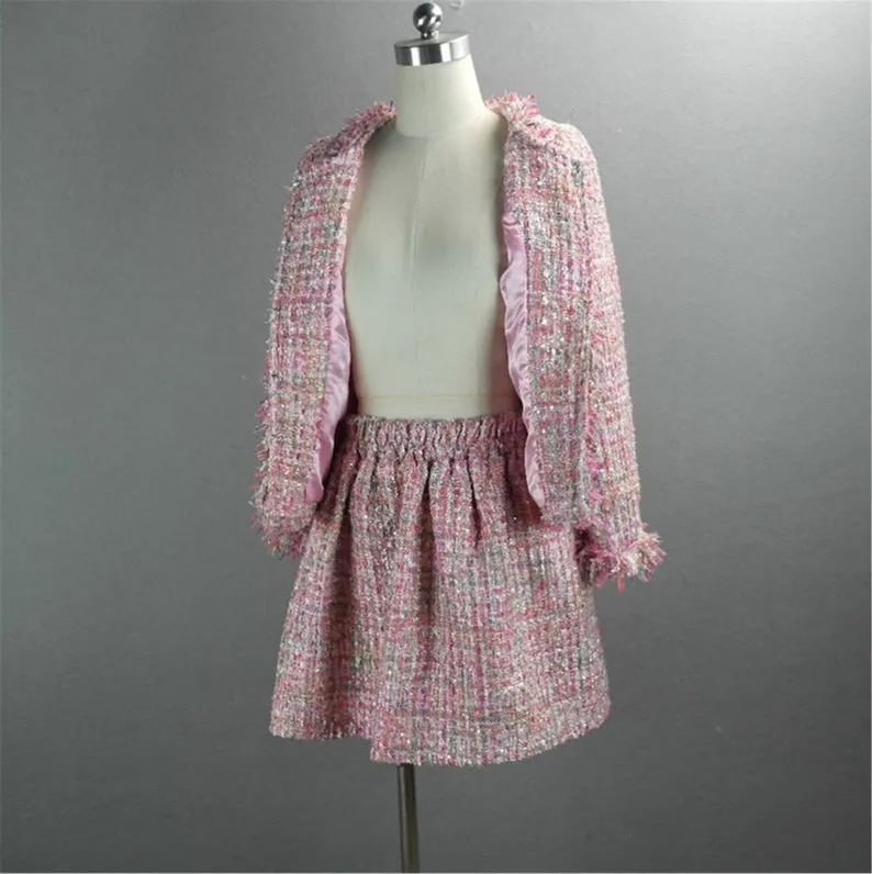 Women's Hand Made Tweed Jacket Coat Blazer   Skater Skirt Pink