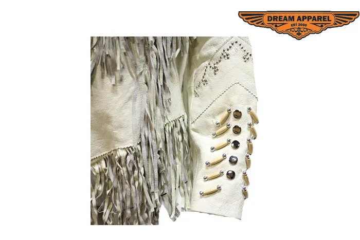 Womens Off White Leather Jacket With Beads, Studs, Bone & Fringe With Snaps