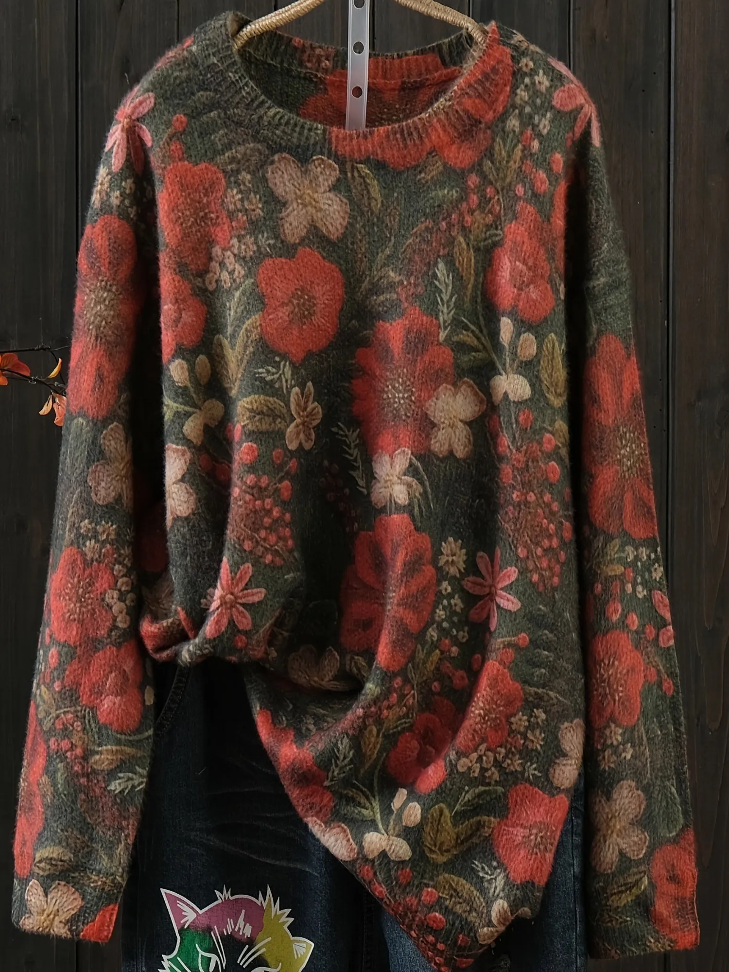 Women's Plus Size Floral Pattern Long Sleeve Crew Neck Sweater - Perfect for Fall & Winter Style